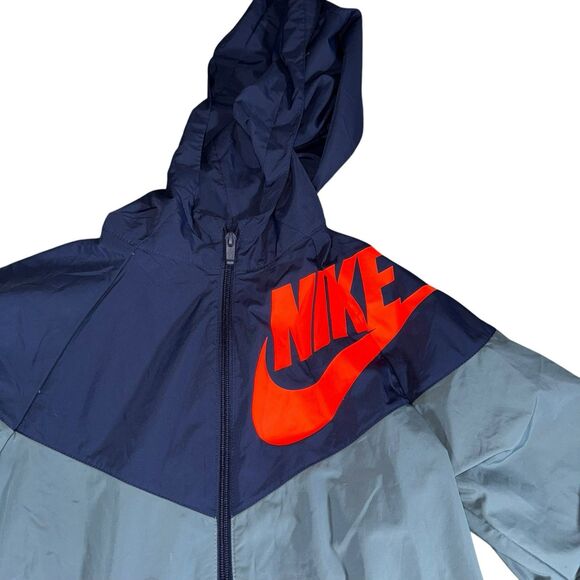 Nike Packable Running Wind Rain Jacket Womens XL‎ Hooded Big Logo Blue Gray - Picture 3 of 11